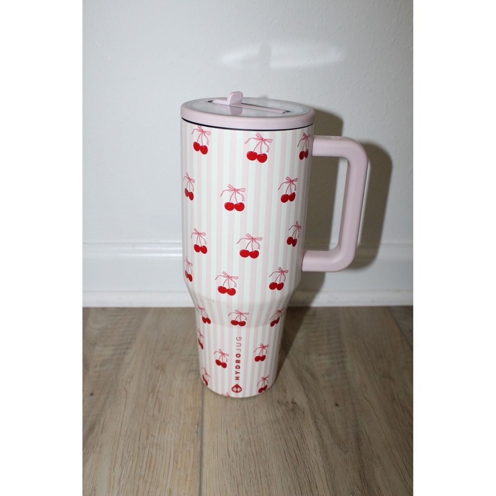 HydroJug 40 oz Traveler Tumbler Pink White Stripe Cherry Bow Print with Handle